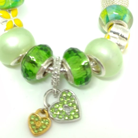 Green, Yellow, Blue  Large Glass Bead Snake Chain Bracelet - Picture 5 of 9